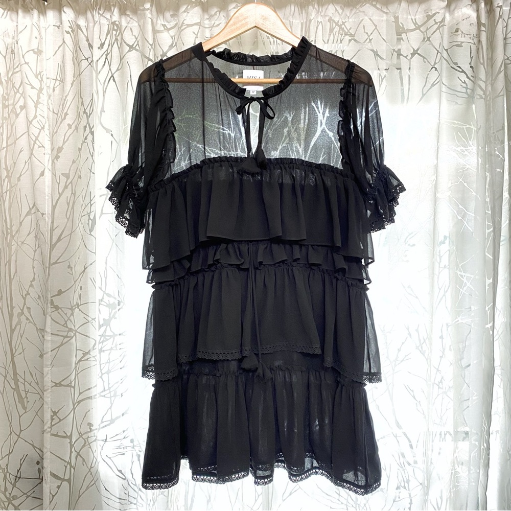 MISA Jazmine black tiered layered ruffle sheer short sleeve tassel neck dress - Picture 2 of 15
